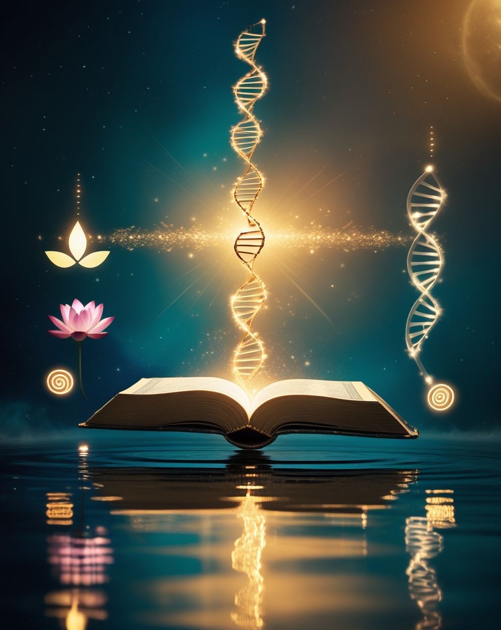 Livro aberto irradiando luz dourada, com espirais, flor de lótus e DNA luminoso flutuando em um céu cósmico. Representa conhecimento e expansão espiritual.